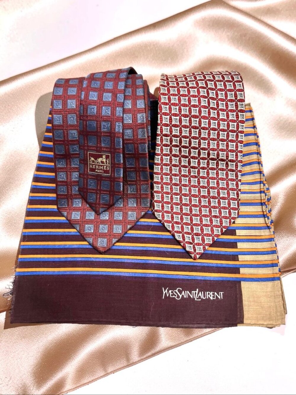 2 Neck ties Hermès Paris Silk France Made & Gentle Men +  1YSL Handkerchie (49)